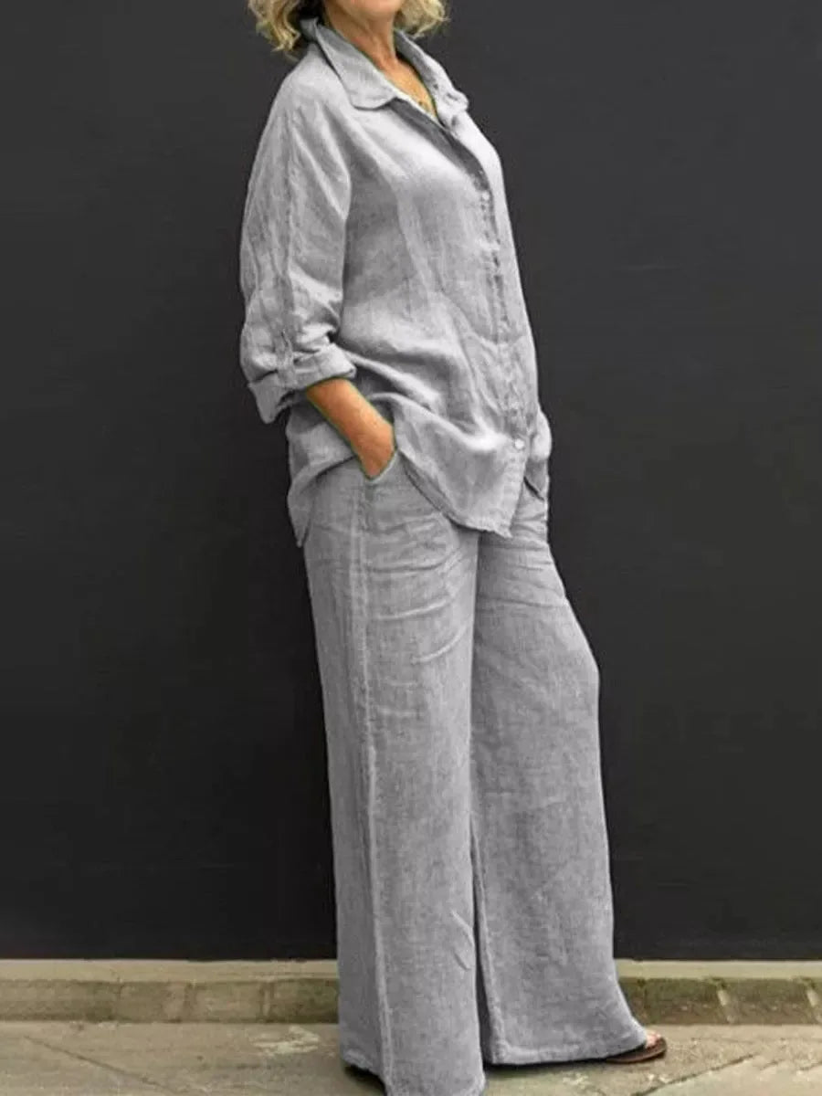 Loose collared button-up set with wide legs and pockets