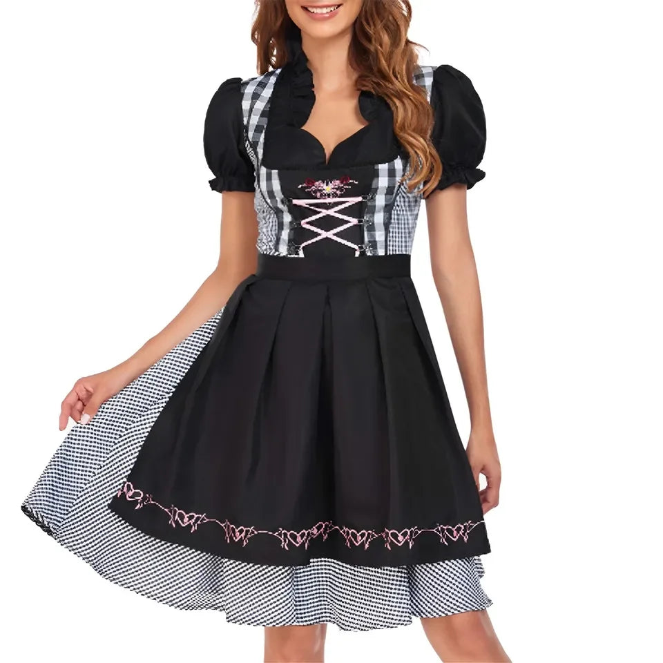 Sukienka Bawarska Dirndl w Kratę z Bufiastymi Rękawami