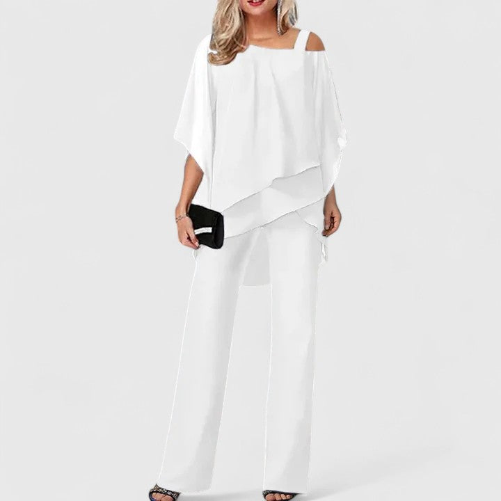 Asymmetrical set with a layered coat and straight-cut pants