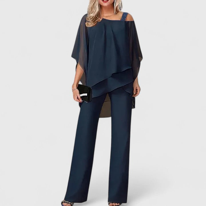 Asymmetrical set with a layered coat and straight-cut pants