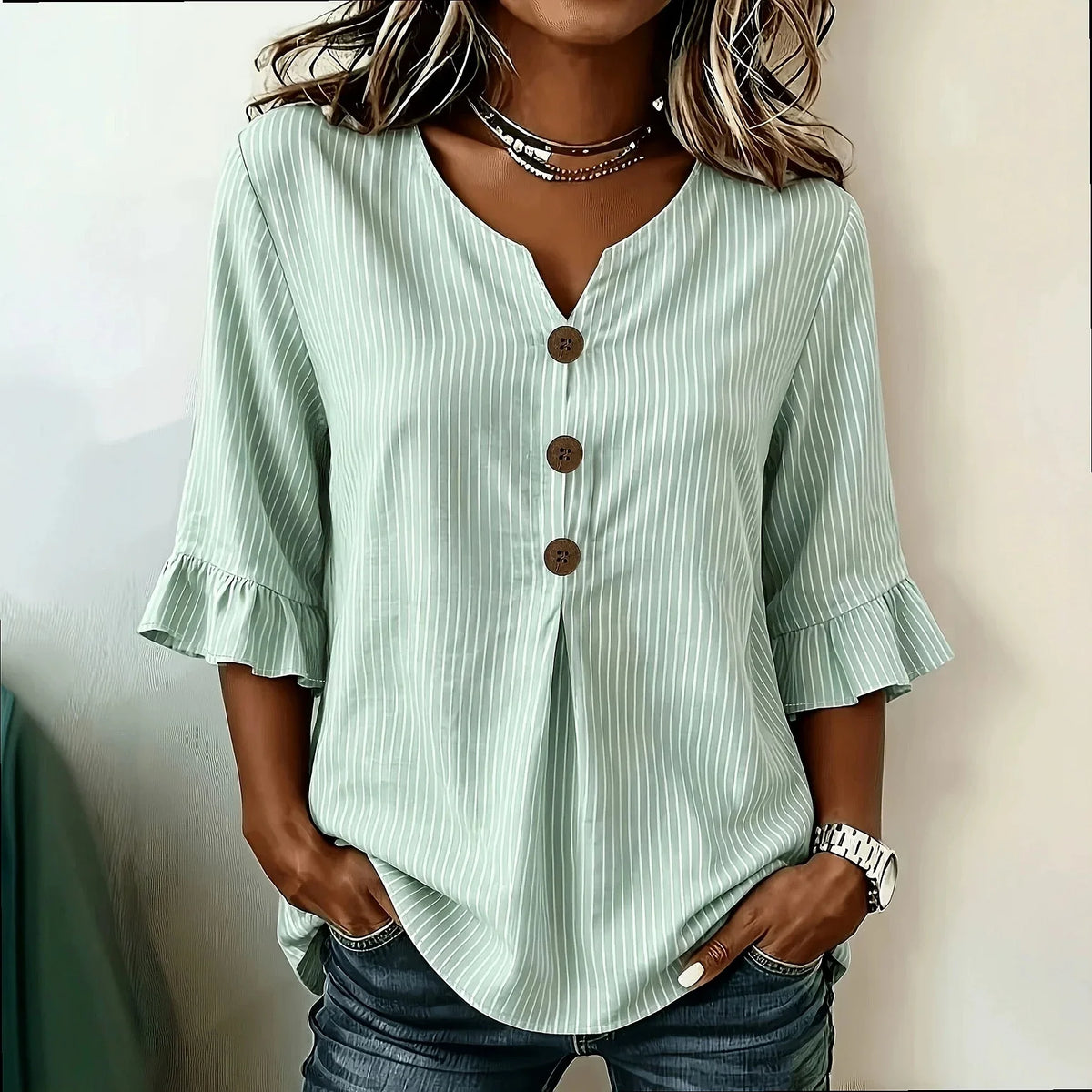 Striped Button-Front Blouse with Ruffles, Flared and Pleated