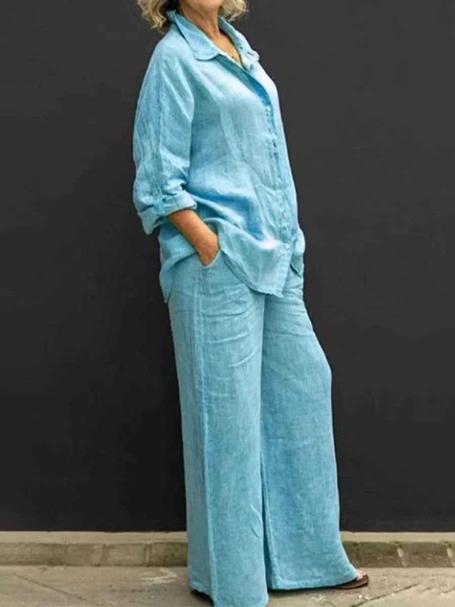 Loose collared button-up set with wide legs and pockets