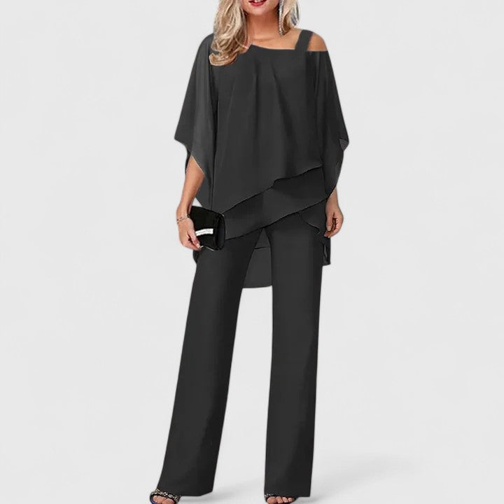 Asymmetrical set with a layered coat and straight-cut pants