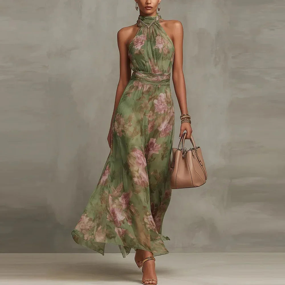 Sleeveless Fitted Draped Pleated Maxi Dress
