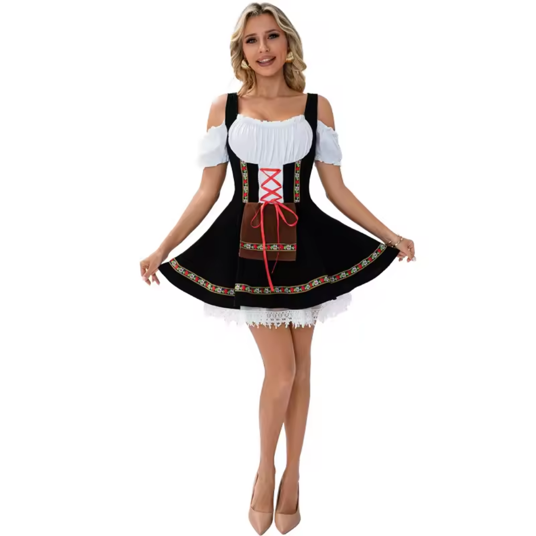 Sukienka Damska Dirndl z Odkrytymi Ramionami i Sznurowaniem Mini