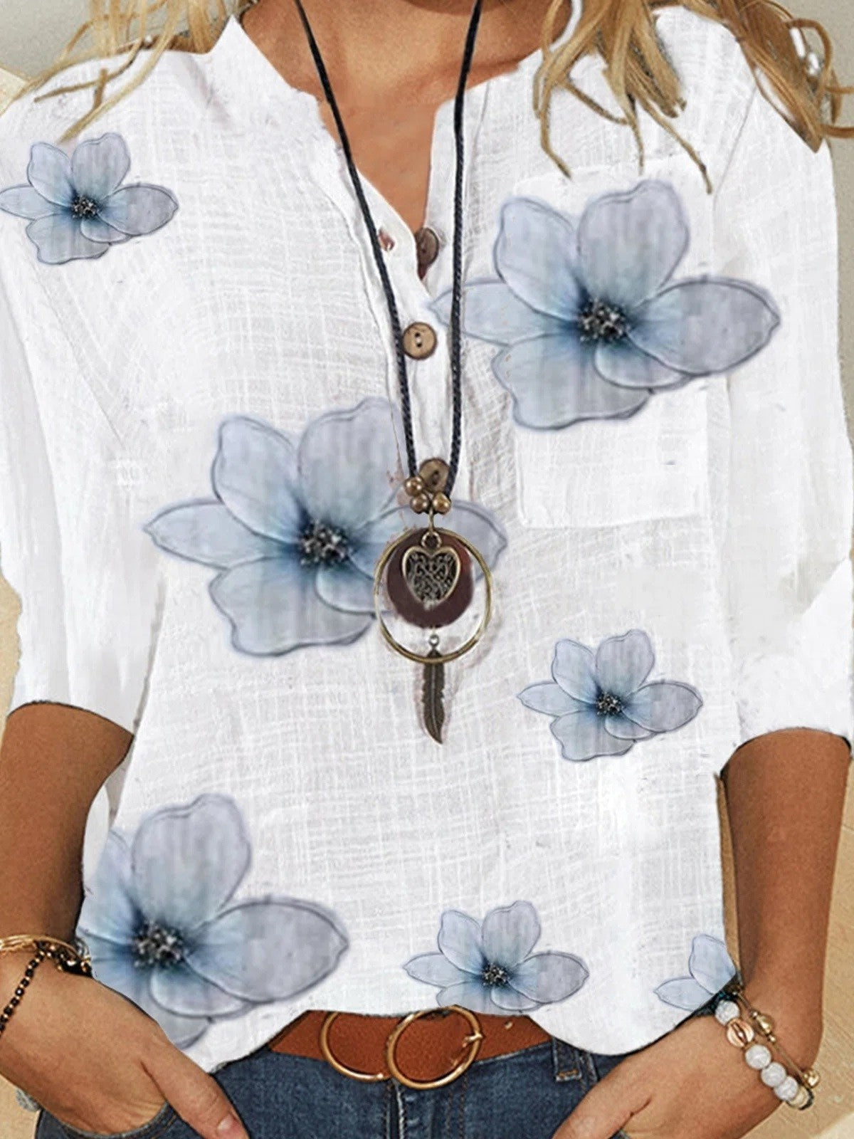 Button-Front T-Shirt, Loose, Textured, with Cuffs