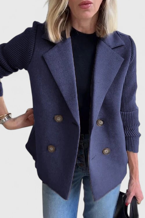 Structured Ribbed Lapel Blazer with Buttons and Panels