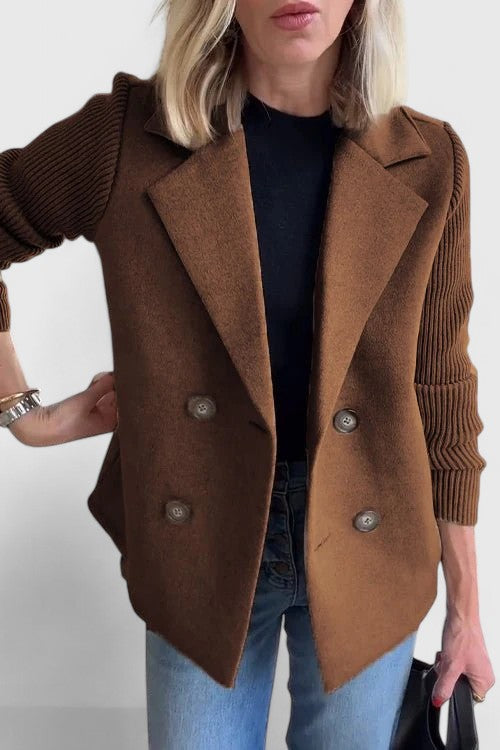 Structured Ribbed Lapel Blazer with Buttons and Panels