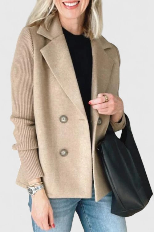 Structured Ribbed Lapel Blazer with Buttons and Panels