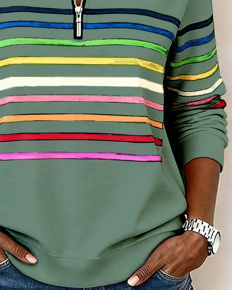 Bluza Damska ze Stójką i Krótkim Zamkiem w Kolorowe Paski