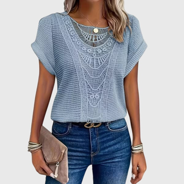 Textured perforated geometric loose top with rolled-up sleeves
