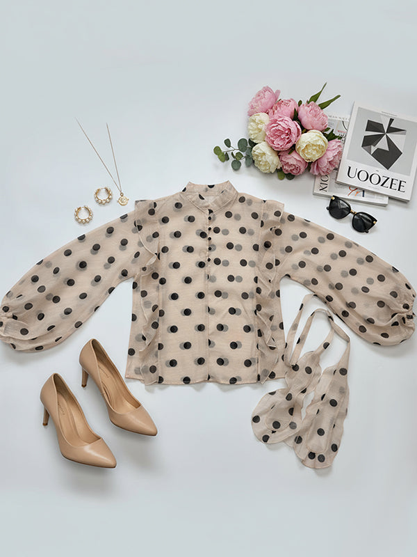 Blouse with a sheer collar and polka-dot ruffles