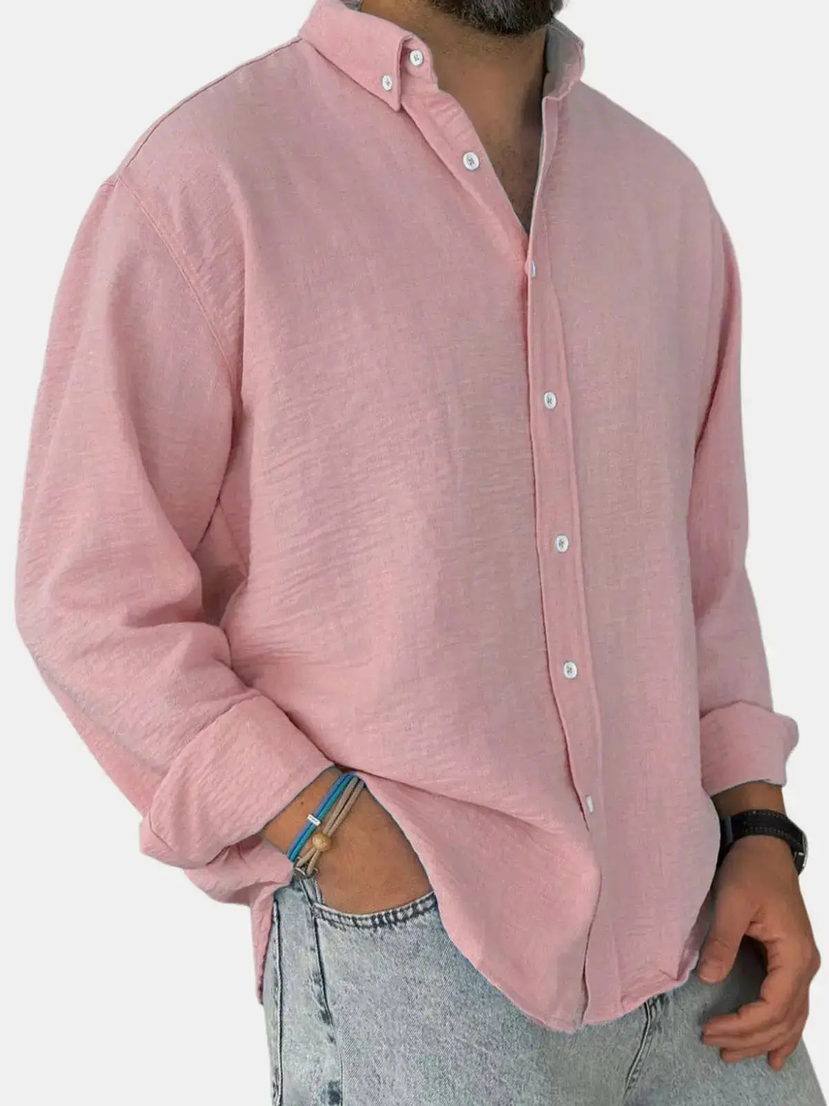 Textured rounded-fit collared shirt with button fastening and cuffs
