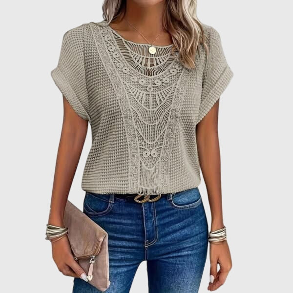 Textured perforated geometric loose top with rolled-up sleeves