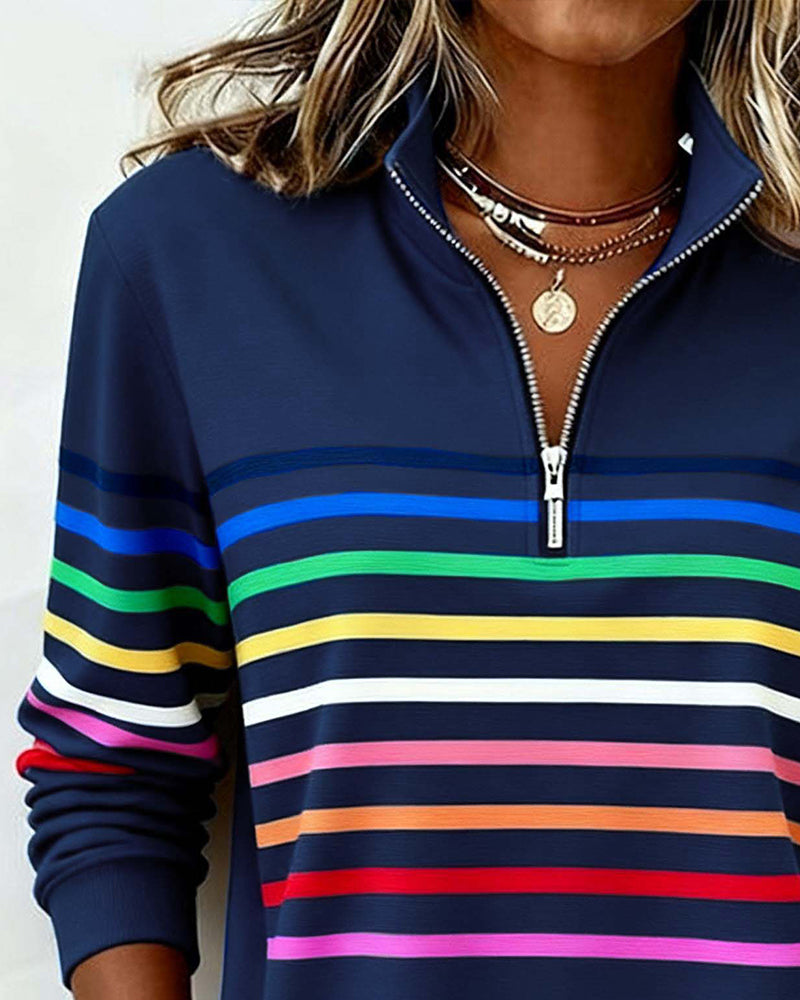Bluza Damska ze Stójką i Krótkim Zamkiem w Kolorowe Paski
