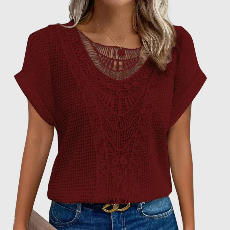 Textured perforated geometric loose top with rolled-up sleeves