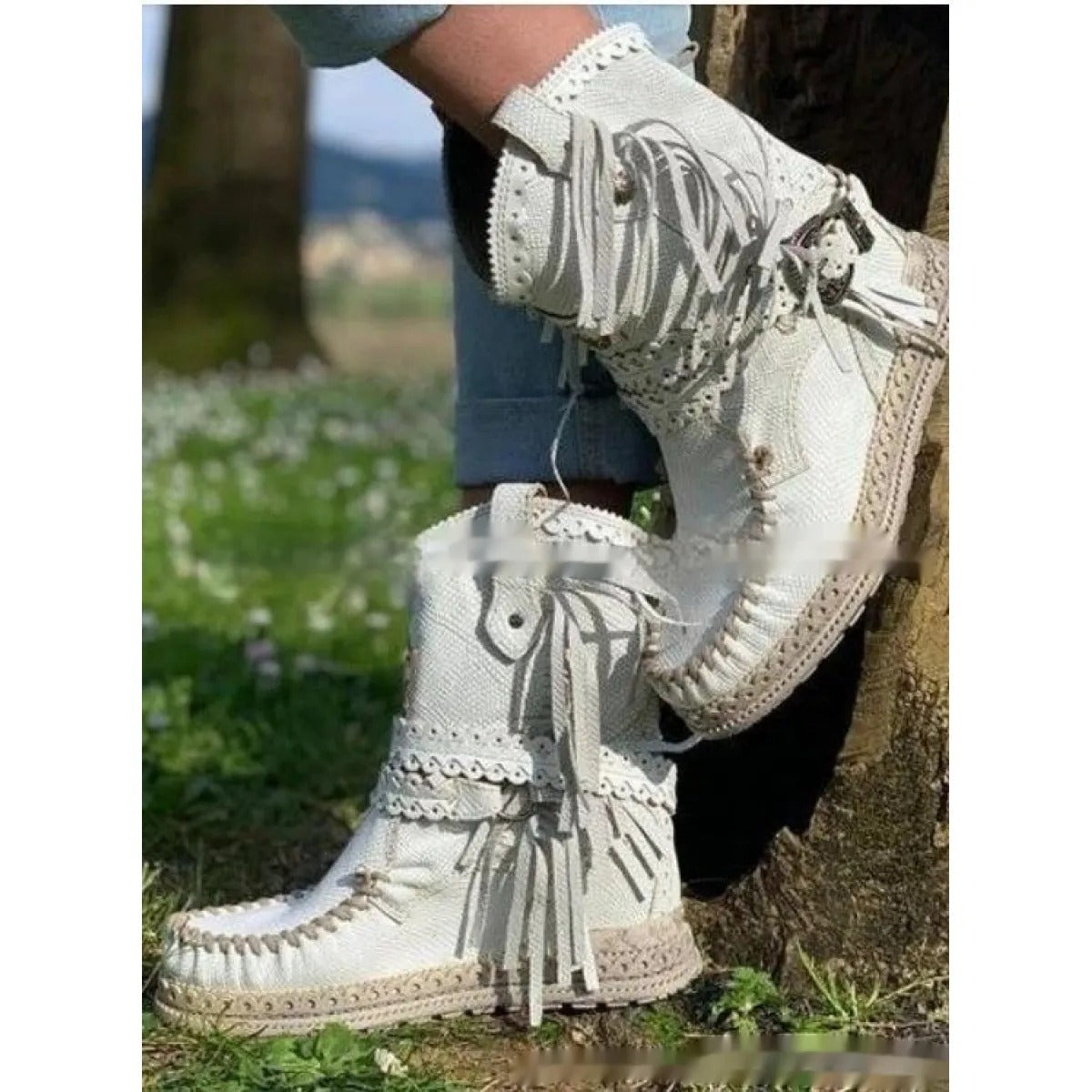 Frędzlowe Botki Kowbojki w Stylu Boho dla Kobiet