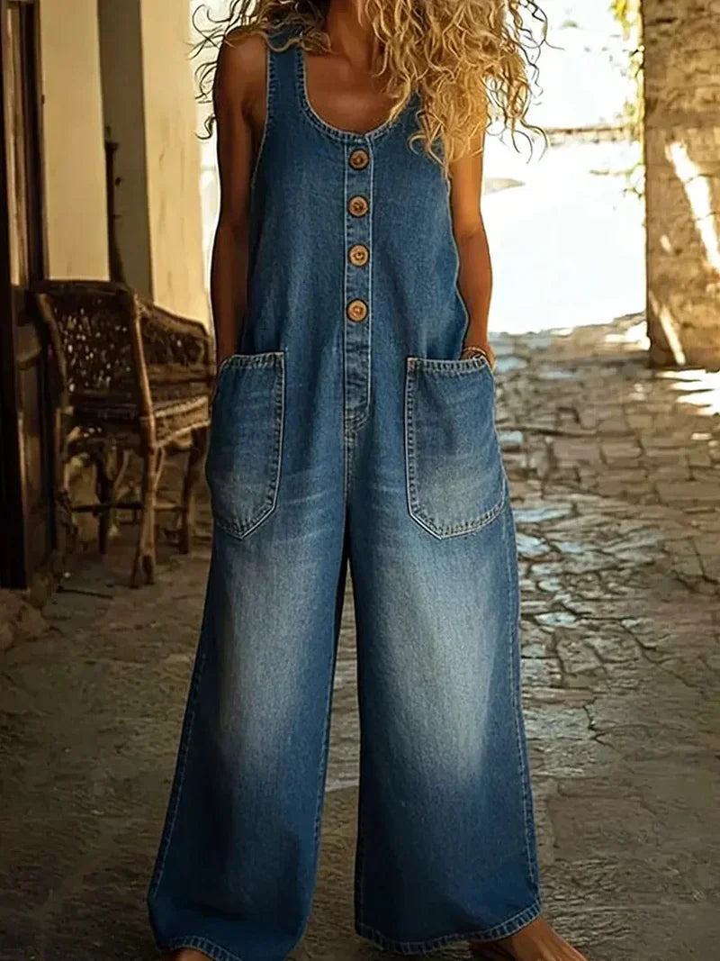 Strapless jumpsuit with a V-neck, buttons, and pockets