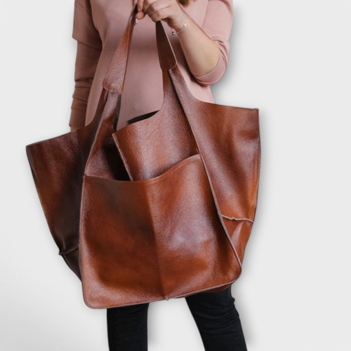 Loose Oversized Structured Stitched Foldover Bag with Pockets
