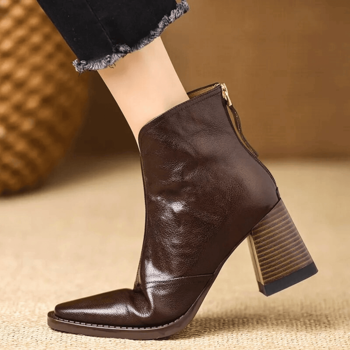 Pointed-Toe Block-Heel Ankle Boots