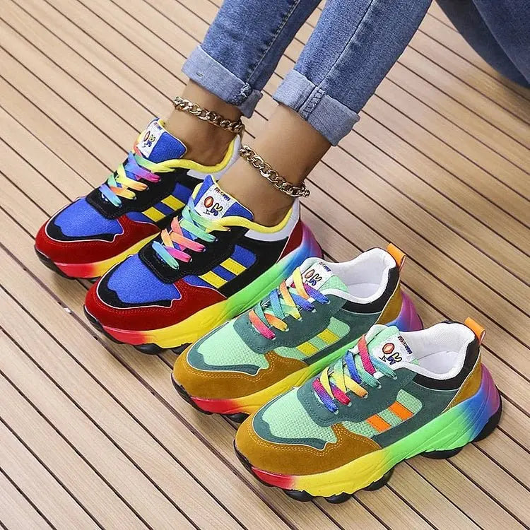 Damskie Sznurowane Sneakersy w Kolorowe Wzory na Grubej Podeszwie